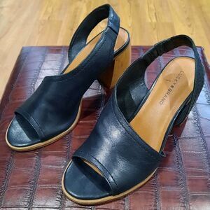 Size 8 Lucky Brand Black Women Xilna Leather Slip On Slingback Chunky Wood Heel